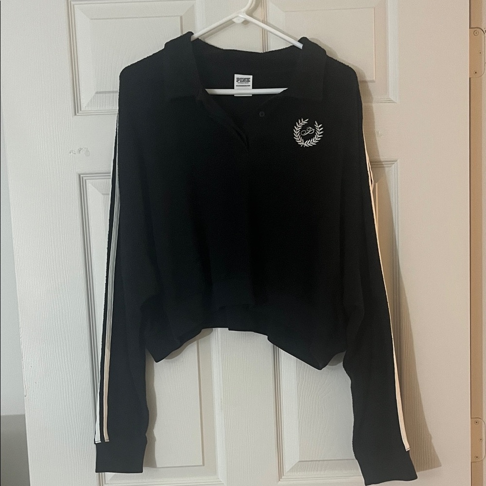PINK Victoria's Secret Black Cropped Hoodie with White Stripes